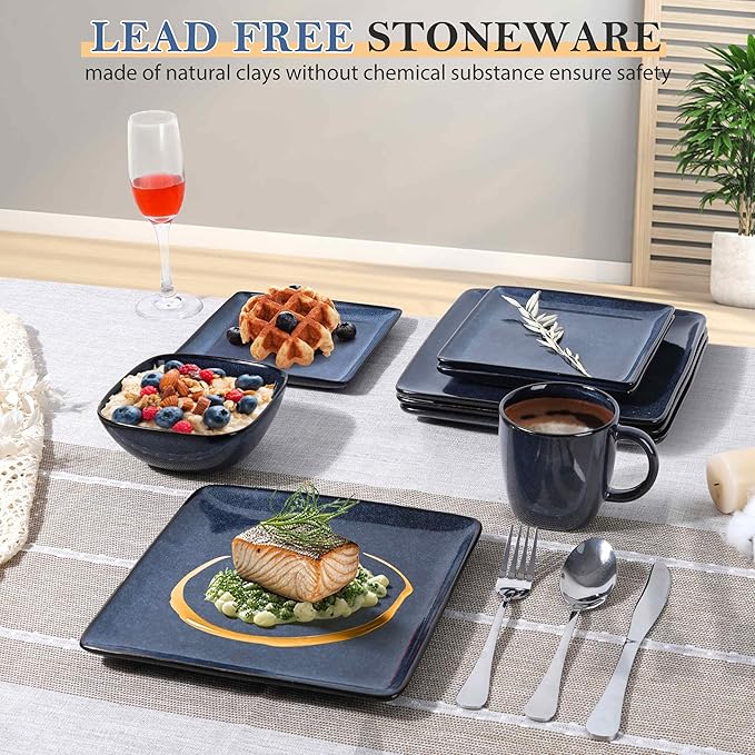 LIANYU 16 Piece Square Dinnerware Sets with Coffee Cups, Ceramic Plates and Bowls Sets for 4, Dinner Dishes for Kitchen Dining, Microwave & Dishwasher Safe, Sapphire Blue