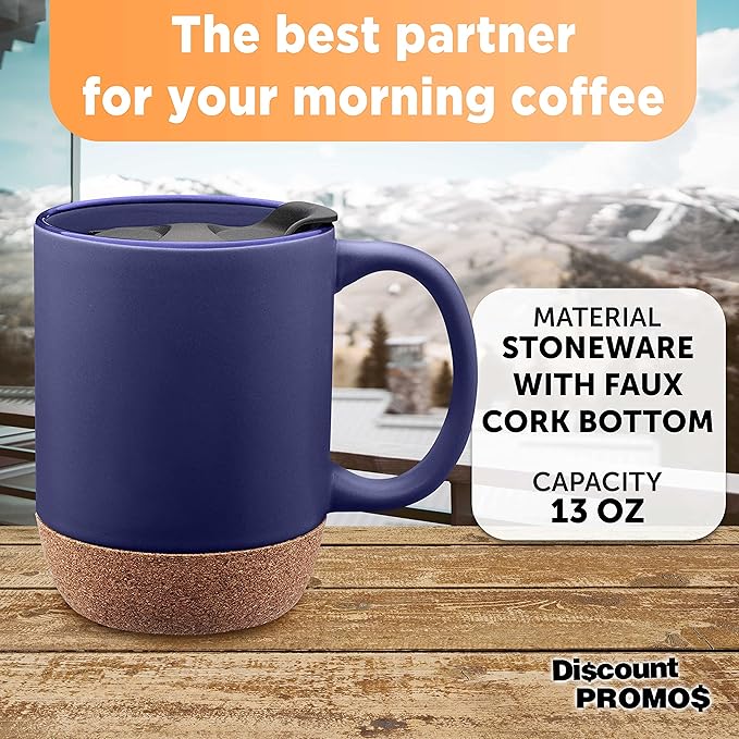 DISCOUNT PROMOS Barista Ceramic Mugs with Cork Bottom 13 oz. Set of 12, Bulk Pack - Perfect for Coffee, Tea, Espresso, Hot Cocoa, Other Beverages - Blue