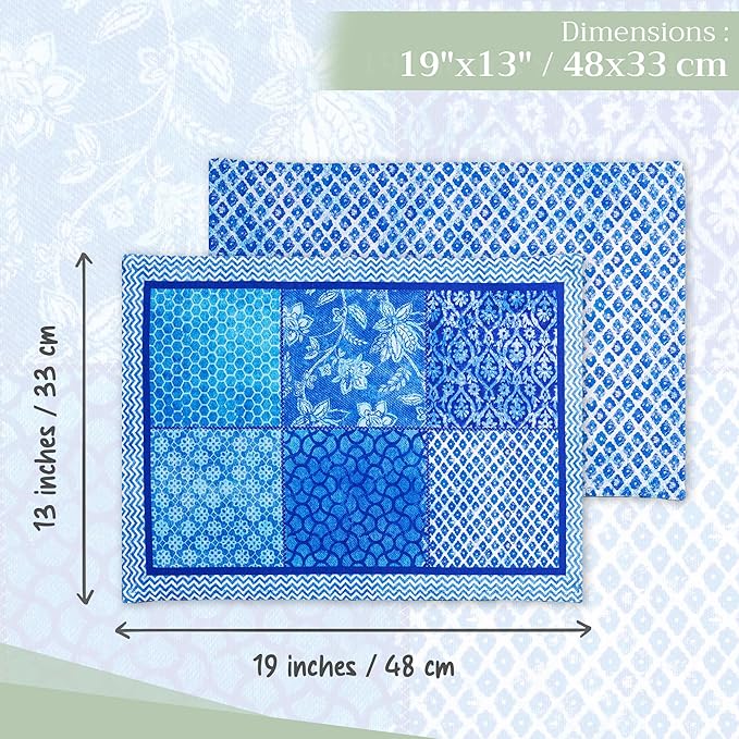 Maison d' Hermine Placemats Set of 4 100% Cotton Washable Cloth Place Mats, Reusable Table Mats for Kitchen Dining Decoration, Party, Wedding, Restaurant Spring/Summer (Indigo Love, 13" x 19")