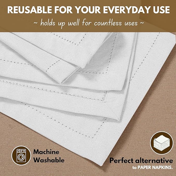 Native Fab Set of 12 Cotton Cloth Napkins, 18 x 18 inch, Hemstitched Edges with Mitered Corners, Soft, Absorbent, Reusable Table Linen Napkins for Wedding, Events, Lunch, Dinner, Parties - White