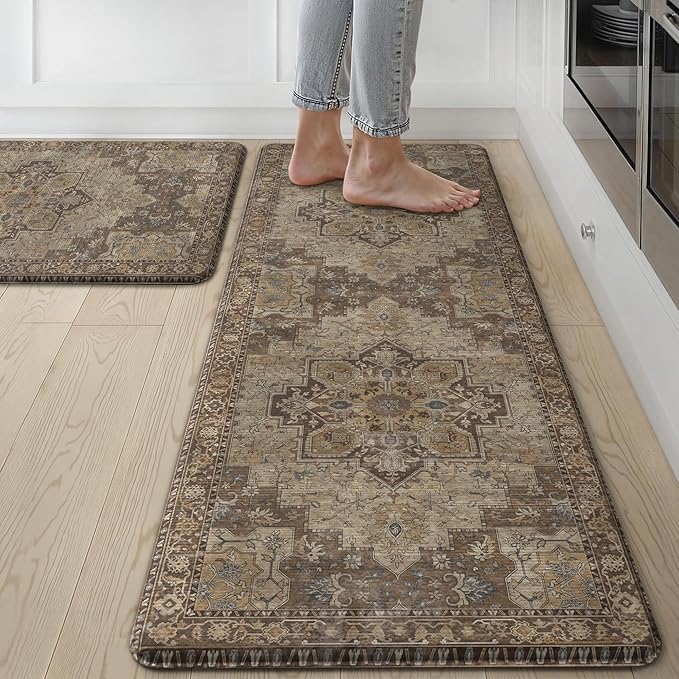 GENIMO Kitchen Mats for Floor 2PCs, Washable Anti Fatigue Mat for Cushioned, 17.3"x47"+17.3"x30", Waterproof Kitchen Rugs, Non Slip Comfort Standing Mat Rug for Home, Sink, Laundry, Rustic Brown