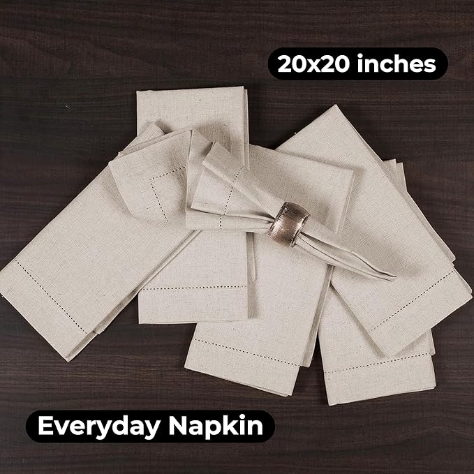 Bedding Craft Linen Flax Cotton Cloth Dinner Napkins Set of 12 – 20x20 Natural Hemstitched Fabric – Machine Washable Elegant Reusable Table Napkins for Weddings, Parties & Dining Décor