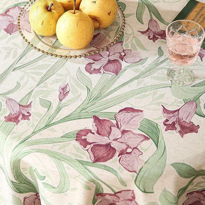 patdrea Designer Purple Tablecloth for Round Tables,Framhouse Linen Violets and Leaves Pattern Linen Tablecloth,Elegant Floral Table Cover Cloth Decor for Kitchen Dining Christmas,Diameter 55"