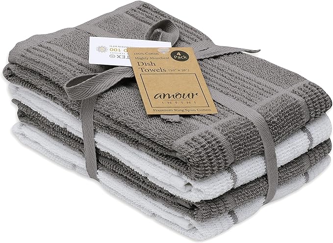 AMOUR INFINI Kitchen Towels Pack of 4 Absorbent, Quick Drying Premium Terry Cotton Dish Towel with Hanging Loop 16x28 Inch Hand & Tea Towels (L.Grey)