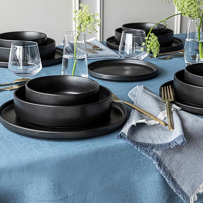 over&back 100%-Linen Woven Tablecloth - Colorful Dining Room Table Cover - Mitered Corner Hems - Machine Washable - Kitchen and Home Decor - Blue - 70x90