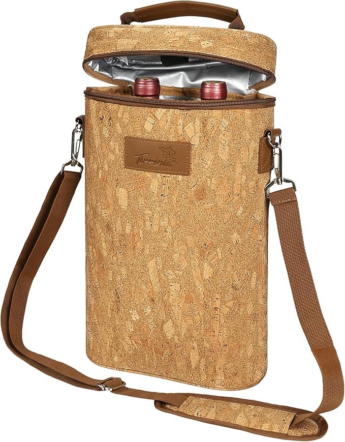 Tirrinia 2 Bottle Wine Gift Tote Carrier - Leakproof & Insulated Padded Versatile Wine Cooler Bag for Travel, BYOB Restaurant, Wine Tasting, Party, Dinner,Gift for Wine Lovers, Cork