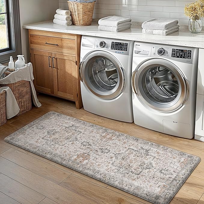 GENIMO Kitchen Mats for Floor, Washable Anti Fatigue Mat for Cushioned, 17.3"x47", Waterproof Kitchen Rugs, Non Slip Foam Comfort Standing Mat Rug for Home, Runner, Sink, Laundry, LightTaupeBrown