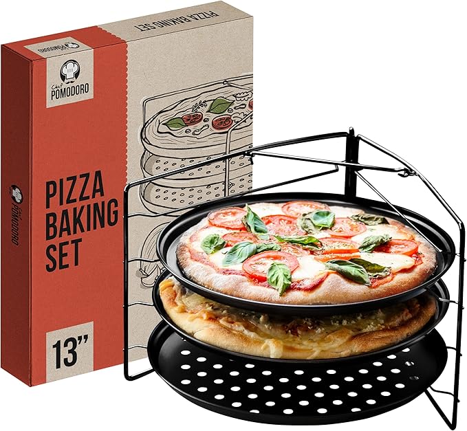 Chef Pomodoro Pizza Baking Set with 3 Pizza Pans & Pizza Rack, 13-Inch, Non-stick Pizza Stand & Pizza Tray for Oven, Grill, Pizza Pan with Holes, Perforated Pizza Pan for Oven, Barbeque