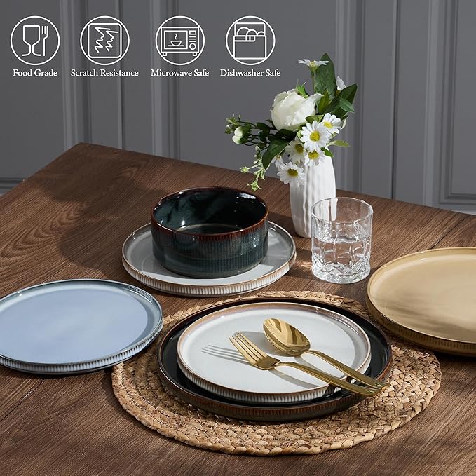 E-far 12-Piece Plates and Bowls Sets, Stoneware Dinnerware Dishes Sets for 4, Kitchen Modern Dining Dishware, Chip & Scratch Resistant, Microwave & Dishwasher Safe, Multicolor