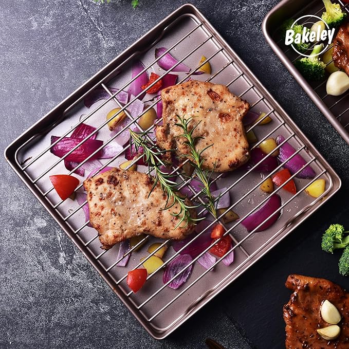 Roasting Pan with Rack, 11-Inch Non-Stick Square Shallow Dish Sheet Pan with Wire Rack for Oven Baking, BBQ and Roasting 11.2" x 11.2" x 1.3" (Champagne Gold)