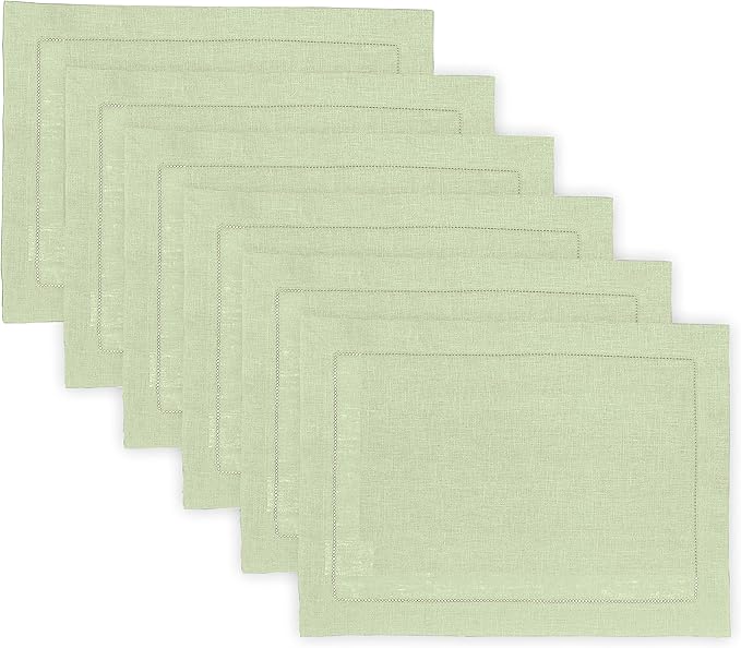 Solino Home Linen Cloth Placemats Set of 6-100% Pure Linen Hemstitch Sage Green Placemats 14 x 19 Inch - Classic Hemstitch Table Place Mats for Fall, Autumn, Thanksgiving, Christmas, Winter