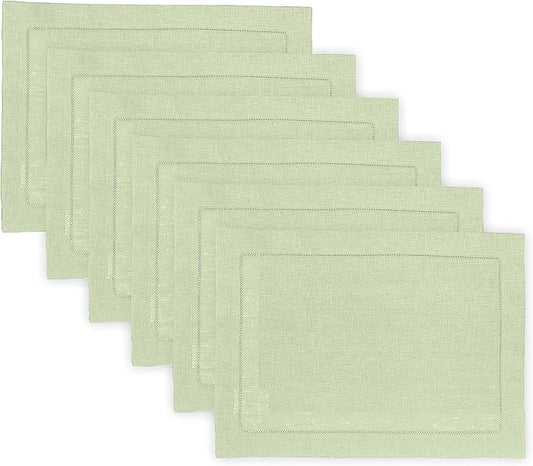 Solino Home Linen Cloth Placemats Set of 6-100% Pure Linen Hemstitch Sage Green Placemats 14 x 19 Inch - Classic Hemstitch Table Place Mats for Fall, Autumn, Thanksgiving, Christmas, Winter