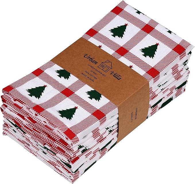 Urban Villa Christmas Cloth Napkins 100% Cotton Absorbent Dinner Napkins Tree Print (Set of 12) 20x20 Inches Soft Durable Washable Ideal for Everyday Use Wedding Parties Cloth Napkins