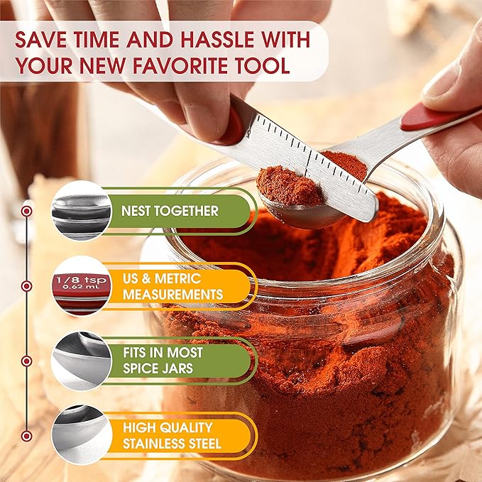 Spring Chef Red Stainless Steel Magnetic Measuring Spoons Set of 8 with Leveler, Dual Sided Nesting Teaspoon & Tablespoon Measuring Spoons, Kitchen Gadgets for Baking & Cooking, Fits in Spice Jars