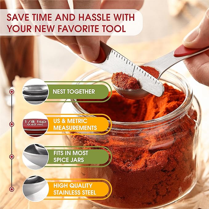 Spring Chef Red Stainless Steel Magnetic Measuring Spoons Set of 8 with Leveler, Metal Teaspoon & Tablespoon Measuring Spoons with Strong Magnets, Kitchen Gadgets for Baking & Cooking - Set of 2