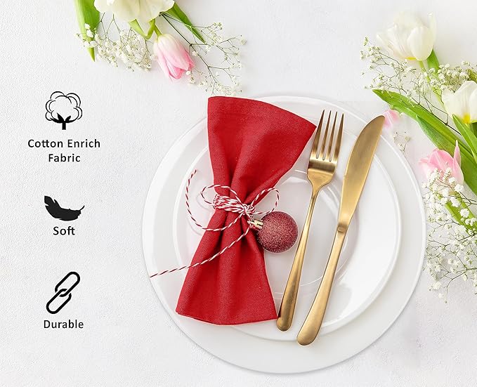 Ruvanti Cloth Napkins Set of 12, 18x18 Inches Napkins Cloth Washable, Soft, Durable, Absorbent, Cotton Blend. Table Dinner Napkins Cloth for Hotel, Weddings, Dinner, Christmas Parties - Red