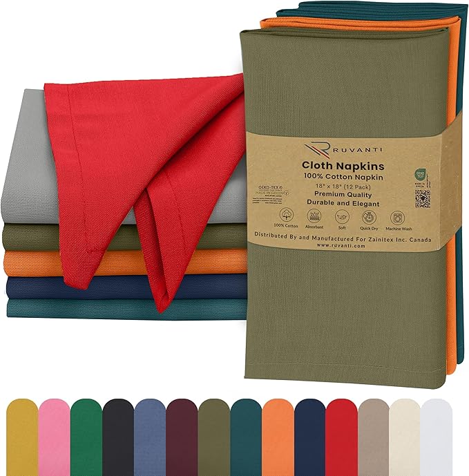 Ruvanti Cloth Napkins Set of 12, 18x18 Inches, 100% Cotton, Washable, Soft & Absorbent, Perfect for Wedding, Christmas, ‎Thanksgiving Dinners - Multi Colors