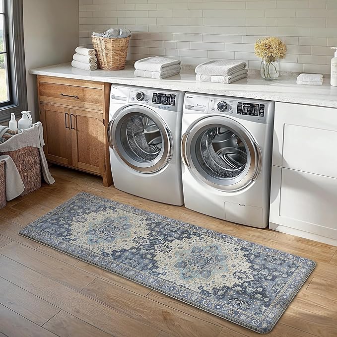 GENIMO Kitchen Mats for Floor, Washable Anti Fatigue Mat for Cushioned, 23.6"x71", Waterproof Kitchen Rugs, Non Slip Comfort Standing Mat Rug for Home, Sink, Laundry, Center Blue