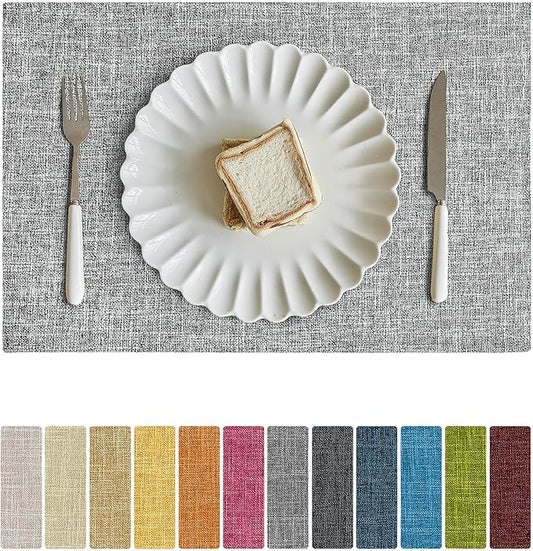 Softalker Faux Linen Placemats Set of 4-12 x 18 Inch, Heat Resistant Double Layered Durable Burlap Farmhouse Place Mats, Non-Slip Washable Rustic Table Mats for Dining, Kitchen, Party（Ash Grey