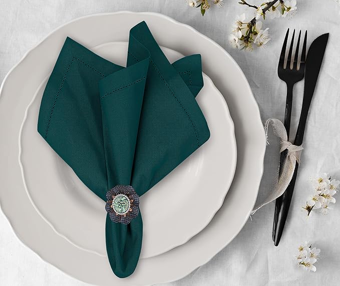 Ruvanti Premium Linen Napkins Set of 6-20x20 Inch, Classic Hemstitch, Mitered Corner Cloth Napkins ‎‎- Soft, Elegant Dinner Napkins Cloth Washable for Weddings, Parties, Everyday Use - Teal