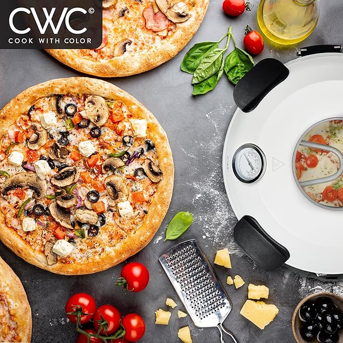 Cook With Color Electric Indoor Pizza Oven – Crispy Crust Countertop Pizza Maker, Heats up to 800˚F, 12 Inch Ceramic Stone, Dual Temperature Control Knobs, Bamboo Peel Included, Off White