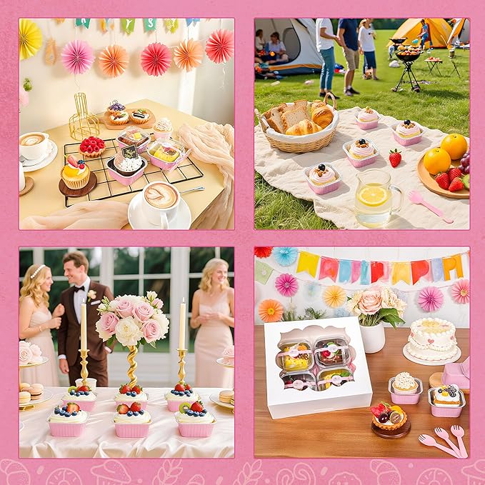 60 Pack Mini Cake Pans with Lids Mini Aluminum Pans, Disposable Loaf Pans Cupcake Liners with Lids for Pudding, Souffle, Party, Wedding(Pink, 5 oz)