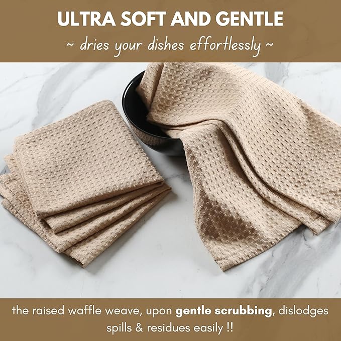 Native Fab 6 Pack Waffle Dish Cloths - 100% Cotton, Absorbent, Quick Drying & Soft Towels for Cleaning, Cooking & Drying Dishes - Perfect for Home, Restaurants & Bars, 12x12 inches - Beige