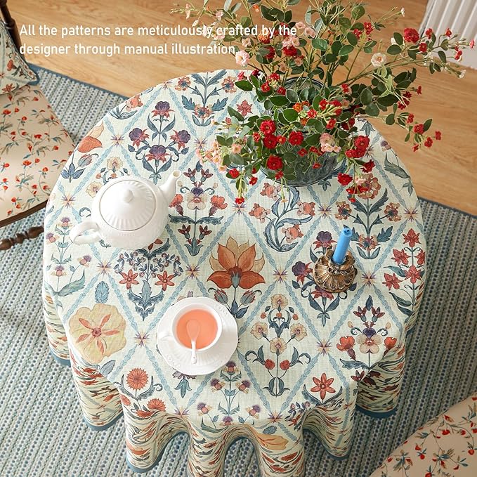French Tablecloth for Round Tables,Linen Table Cloth with Colorful Flowers and Leaves Pattern,Heavy Durable Table Cover for Dining Thanksgiving Kitchen Decor Party Christmas,55"*55"