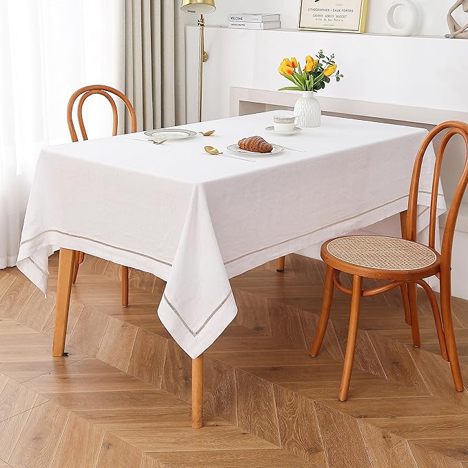Linen World Hemstitch Linen Tablecloth,100% Natural French Flax,60x120Inch Handcrafted White-Natural Linen Table Cloth,Tabletop,Table Cloths for Kitchen,Dining,Daily Use(White-Natural)