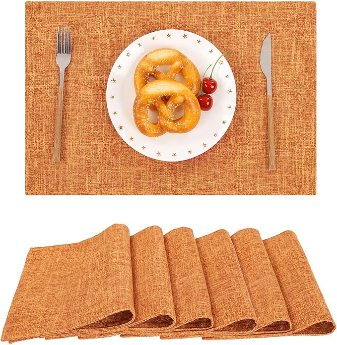SHACOS Fabric Placemats Set of 6 Washable Heat Resistant Place Mats Non Slip Thick Cloth Placemats Reversible Table Mats Indoor Outdoor Home Wedding Table Decor, Orange