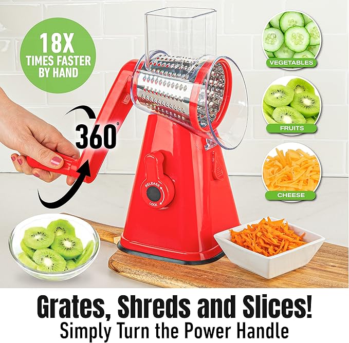 Rotary Cheese Grater with Handle, Cheese Grater Hand Crank, Fast Cutting Grater for Kitchen with 3 Interchangeable Blades, Vegetable Slicer, Cheese Shredder with Suction Cup Base, Dishwasher Safe