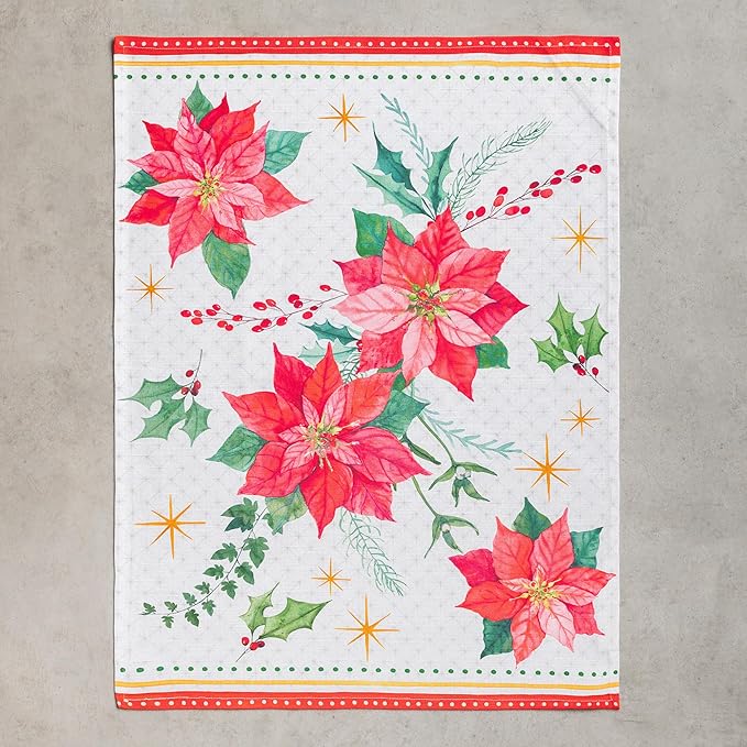 Maison d' Hermine Kitchen Towels Set of 3 100% Cotton 20" x 27.5" Reusable Cloth Tea Dish Towels Absorbent with Hanging Loop for Kitchen Thanksgiving Christmas Decorations (Poinsettia Christmas)