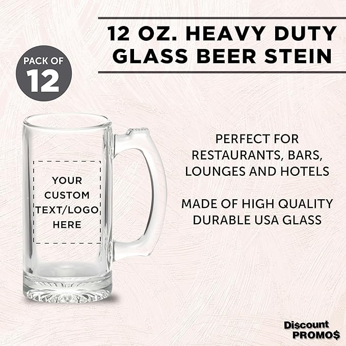 12 Libbey Beer Mugs Set, 12 oz. - Customizable Text, Logo - Groomsmen Glassware - Clear