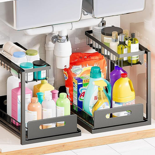 VUSIGN Under Sink Organizers Storage, 2 Tier Under Cabinet Organizer Shelf, Pull Out Kitchen Bathroom Sink Organizer Storage Organization, 2 Pack Black