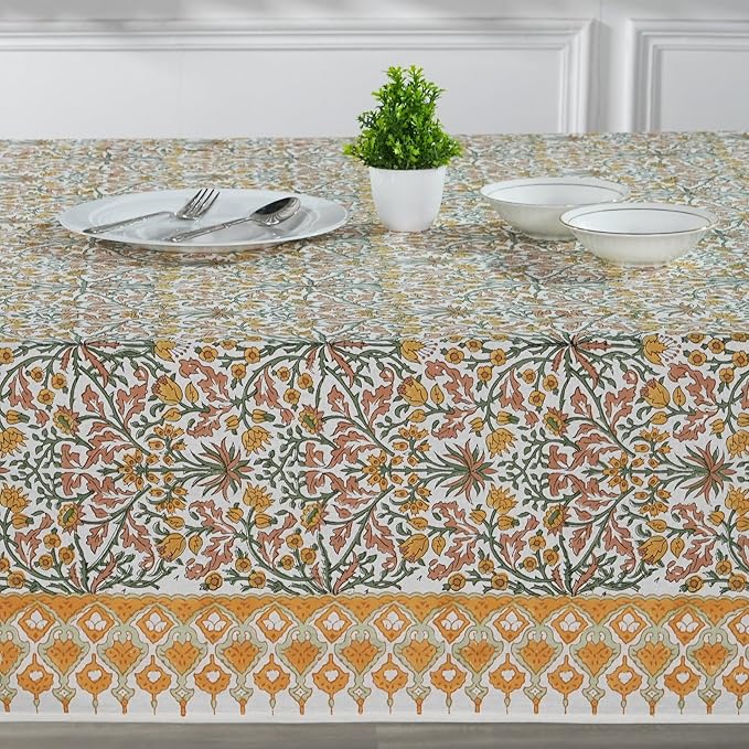 Ridhi Goldenrod Yellow Hand Block Print Cotton Rectangle Tablecloth 118 x 70 inches Reusable Table Cover Decorative Everyday Use for Dining Room, Farmhouse, Home, Party, Festive & Wedding, Fall