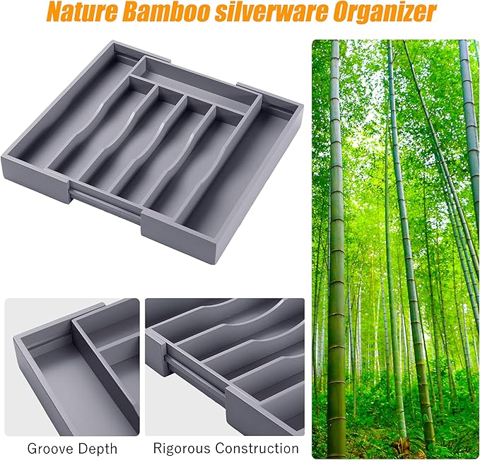 Kitchen Silverware Drawer Organizer and Storage Bamboo Wood Cooking Utensil Holder Cutlery Knife Jewelry Spice Rack Spoon Fork Multi Cabinet Organization Bathroom Counter Expandable Adjustable Tray