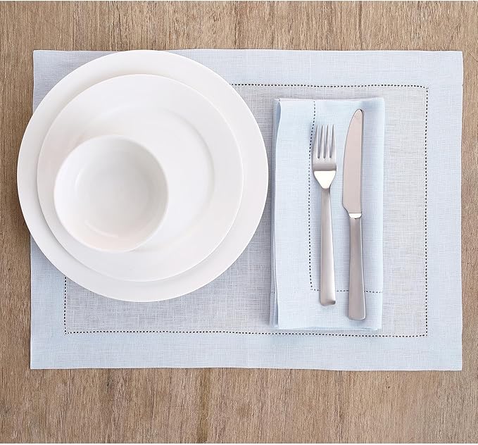 Solino Home Light Blue Linen Napkins Set of 4-100% Pure Linen Hemstitch Dinner Napkins 20 x 20 Inch for Christmas, Winter - Classic Hemstitch