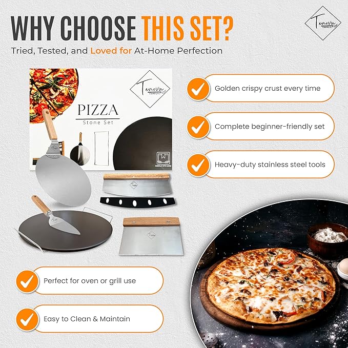 Tenovu Supply 6 Piece Pizza Stone for Oven and Grill with 13" Black Cordierite Stone, Metal Holder/Rack, Stainless Steel Peel, Dough Cutter, Cutter Rocker, and Server - Pizza Oven Accessories