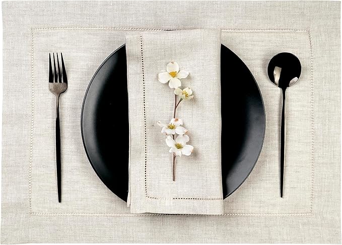 D'Moksha Homes Light Natural Linen Cloth Placemats Set of 4-100% Pure Linen Hemstitch Placemats 14 x 19 Inch - Classic Hemstitch Table Place Mats for Christmas - Handcrafted, Machine Washable