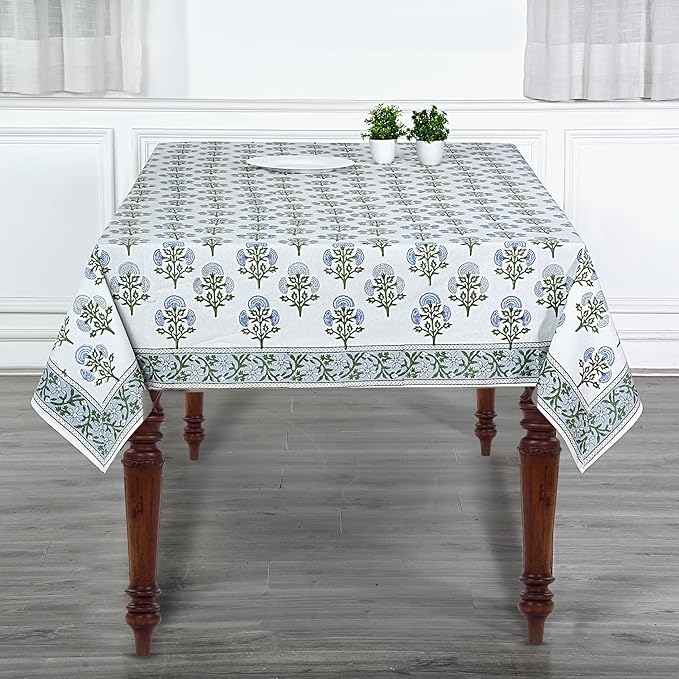 Ridhi Mughal Buta Blue Hand Block Print Cotton Rectangle Tablecloth 108 x 60 inch-Reusable Table Cover Decorative Everyday Use for Dining Room, Farmhouse, Thanksgiving, Christmas Wedding, Fall
