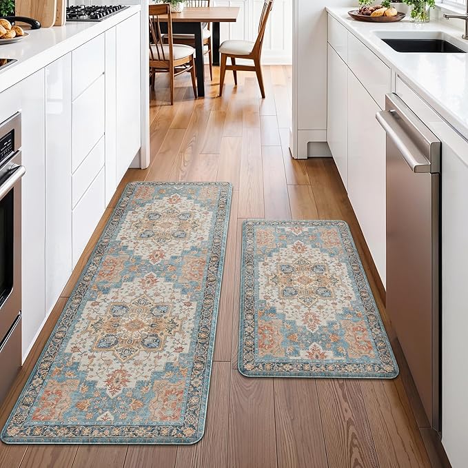 GENIMO Kitchen Mats for Floor 2PCs, Washable Anti Fatigue Mat for Cushioned, 17.3"x47"+17.3"x30", Waterproof Kitchen Rugs, Non Slip Comfort Standing Mat Rug for Home, Sink, Laundry, Blue&Salmon