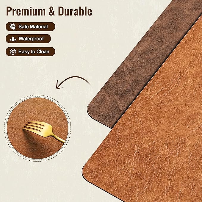 DOLOPL Thanksgiving Placemats Set of 8 Reversible Dual-Color Table Placemats – Heat Resistant Wipeable & Washable Place Mats, Luxury Faux Leather Table Mats for Table Decor (Reddish Brown & Brown)