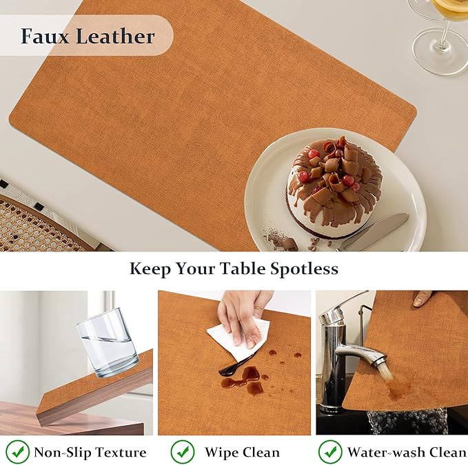 FROMHEART Faux Leather Placemats Set of 8–Waterproof,Heat/Oil Stain-Resistant PU Table Mat–Reversible,Non-Slip,Easy to Clean Place Mats for Kitchen,Dining,Indoor/Outdoor,(Orange-Grey,11.8" x 17")