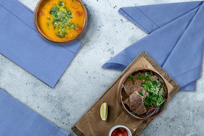 Bedding Craft Cotton Cloth Dinner Napkins Set of 12 – 18x18 Water Blue Hemstitched – Soft Durable Machine Washable Fabric Napkins for Weddings, Christmas, New Year & Everyday Dining