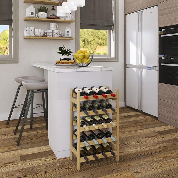 SMIBUY Bamboo Wine Rack, 20 Bottles Display Holder, 5-Tier Free Standing Storage Shelves for Kitchen, Pantry, Cellar, Bar (Natural)