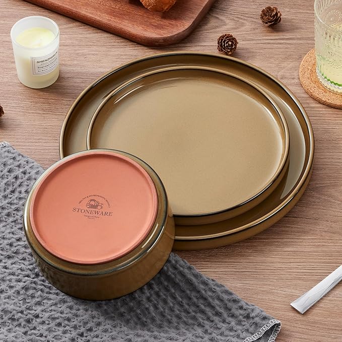 LIANYU Dinnerware Plates and Bowls Sets for 4, 12 Piece Modern Stoneware Dishes Set, Elegant Ceramic Dining Dishware for Dinner, Rustic Terracotta Bottom, Microwave & Dishwasher Safe, Amber Gold
