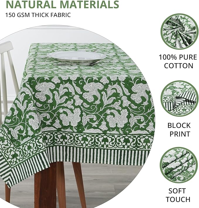 Ridhi Pantone Artichoke Hand Block Print Cotton Rectangle Tablecloth 118 x 70 inch-Reusable Table Cover Decorative Everyday Use for Dining Room, Farmhouse, Thanksgiving, Christmas Wedding, Fall
