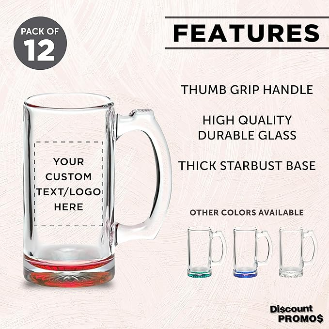 12 Libbey Beer Mugs Set, 12 oz. - Customizable Text, Logo - Groomsmen Glassware - Red