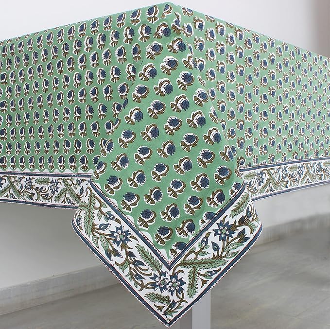 Ridhi Basil Green 80 x 120 Inches Rectangular Cotton Washable Tablecloth, Hand Block Print Floral, for Kitchen, Dining, Spring, Easter, Wedding, Birthday, Bridal