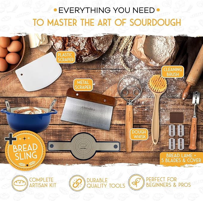 6 QT Enameled Cast Iron Dutch Oven for Bread Baking with Lid - Incl. Sourdough Bread Baking Supplies like Banneton Bread Proofing Basket, Cast Iron Bread Oven, Bread Pan, bread making tools